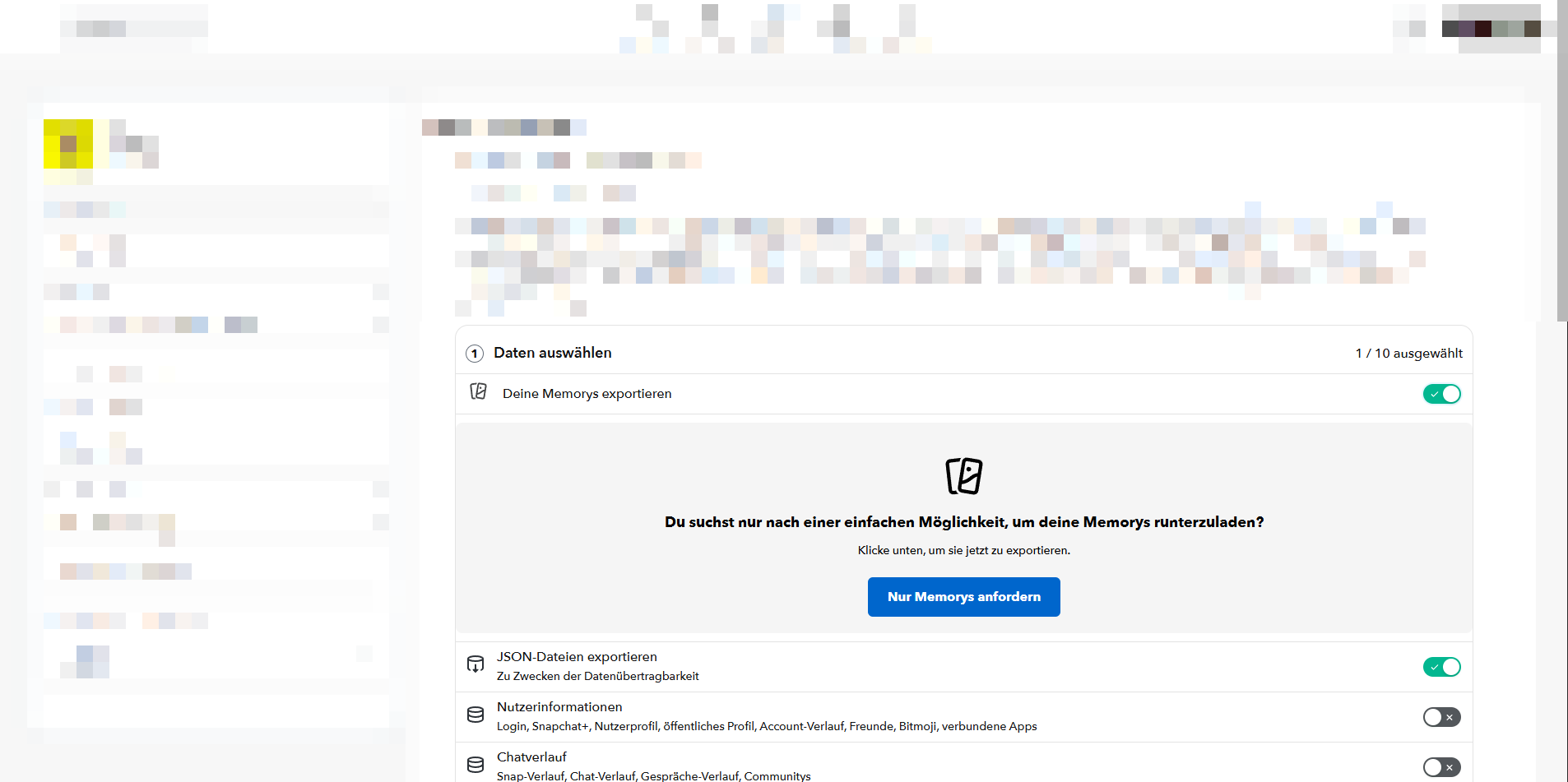 Memorys exportieren und JSON-Dateien exportieren auswählen