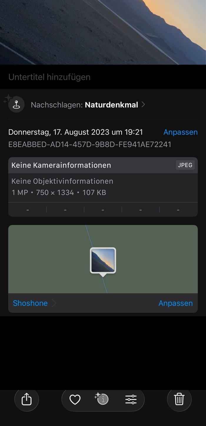 Info-Ansicht nach der Verarbeitung: Donnerstag, 17. August 2023 um 19:21 und eine Karte mit gesetzter Ortsmarke Shoshone.