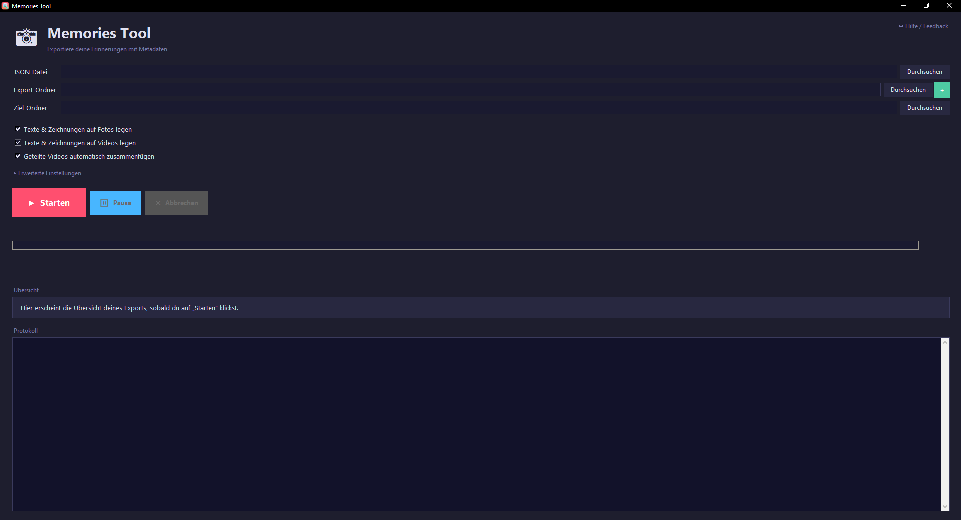 Programmfenster mit den Feldern für JSON-Datei, Export-Ordner und Ziel-Ordner